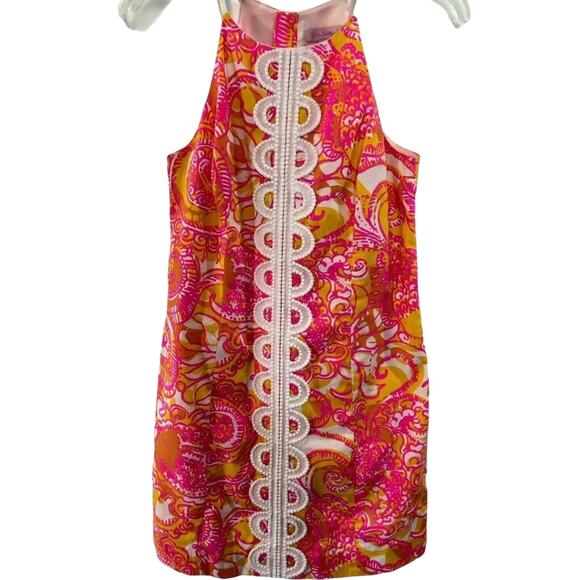 Lilly Pulitzer Annabelle Halter Top Embroidered Lace Pink Gold Preppy Dress Sz 0 - Picture 2 of 6